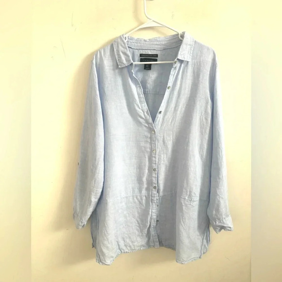 Tahari Shirt Women’s Linen Longline Striped Button Down Tunic Costal minimalist - Picture 2 of 5